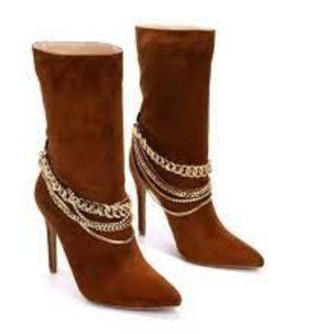 CAPE ROBBIN SOMEWHERE BROWN FAUX SUEDE STILETTO SOCK ANKLE BOOTS 5.5